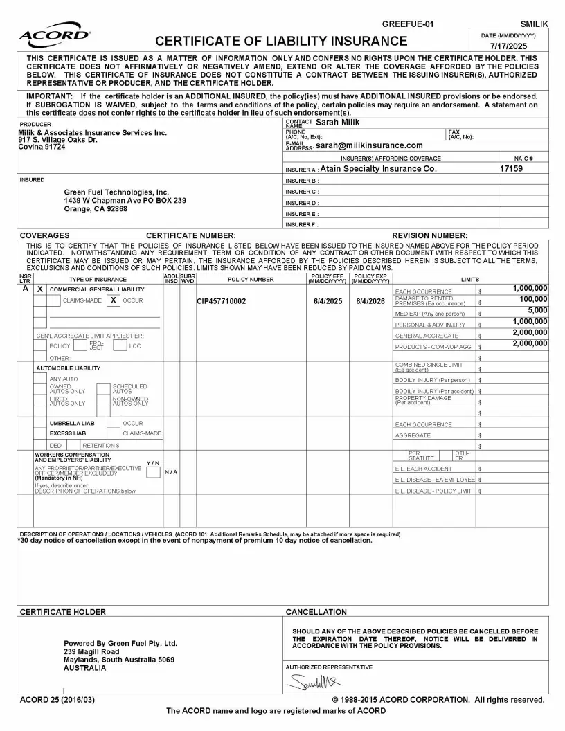 Powered by Green Fuel Pty Ltd Insurance Certificate